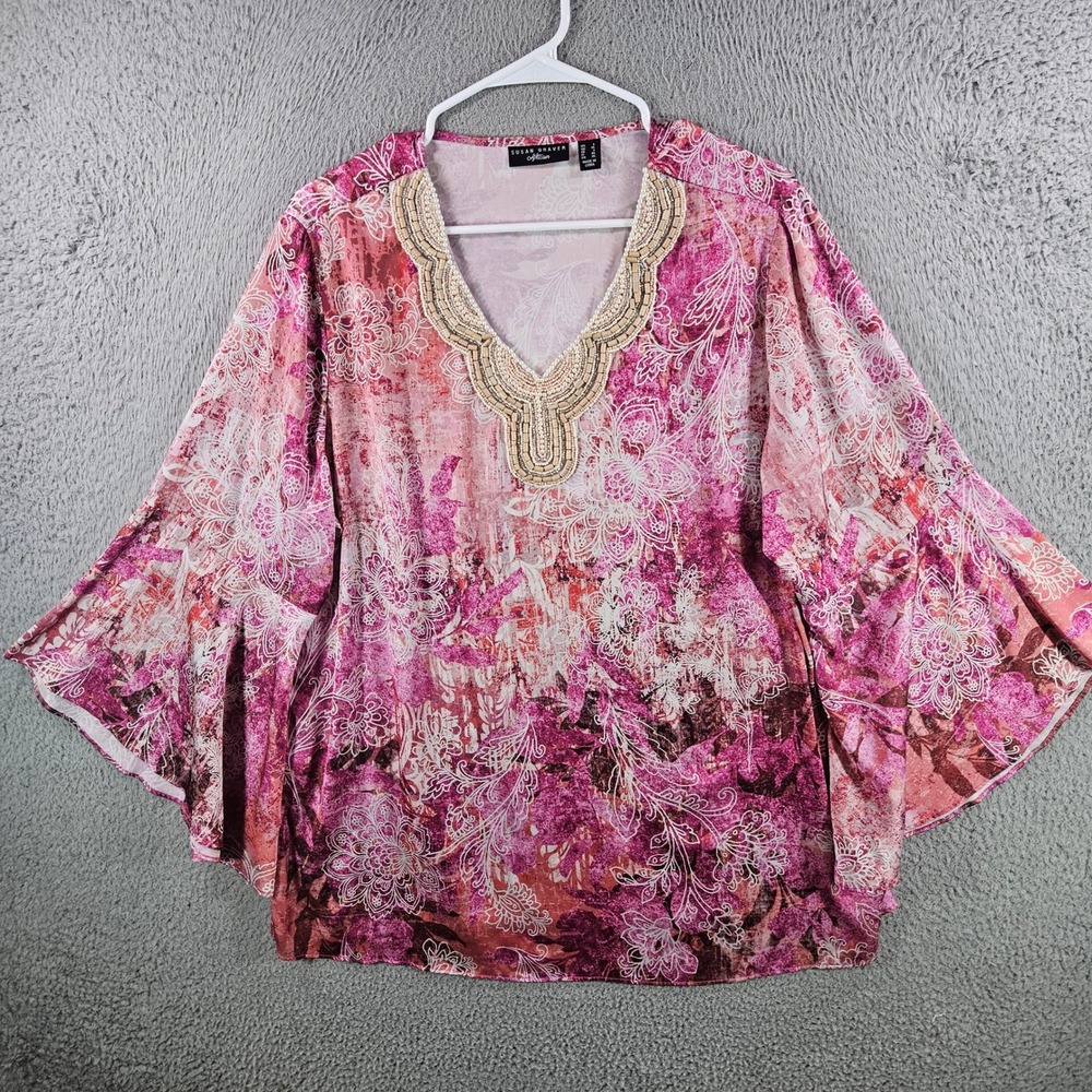 Susan Graver Artisan Pink Paisley Floral Beaded V-Neck Bell Sleeve Tunic Top L